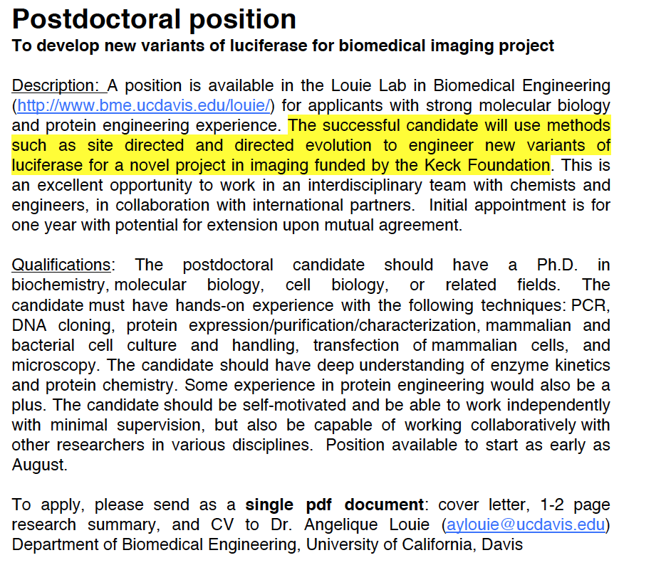 Really Interesting Post Doc Position At Ucdavis On Directed Evolution Of Luciferase Jonathan Eisen S Lab